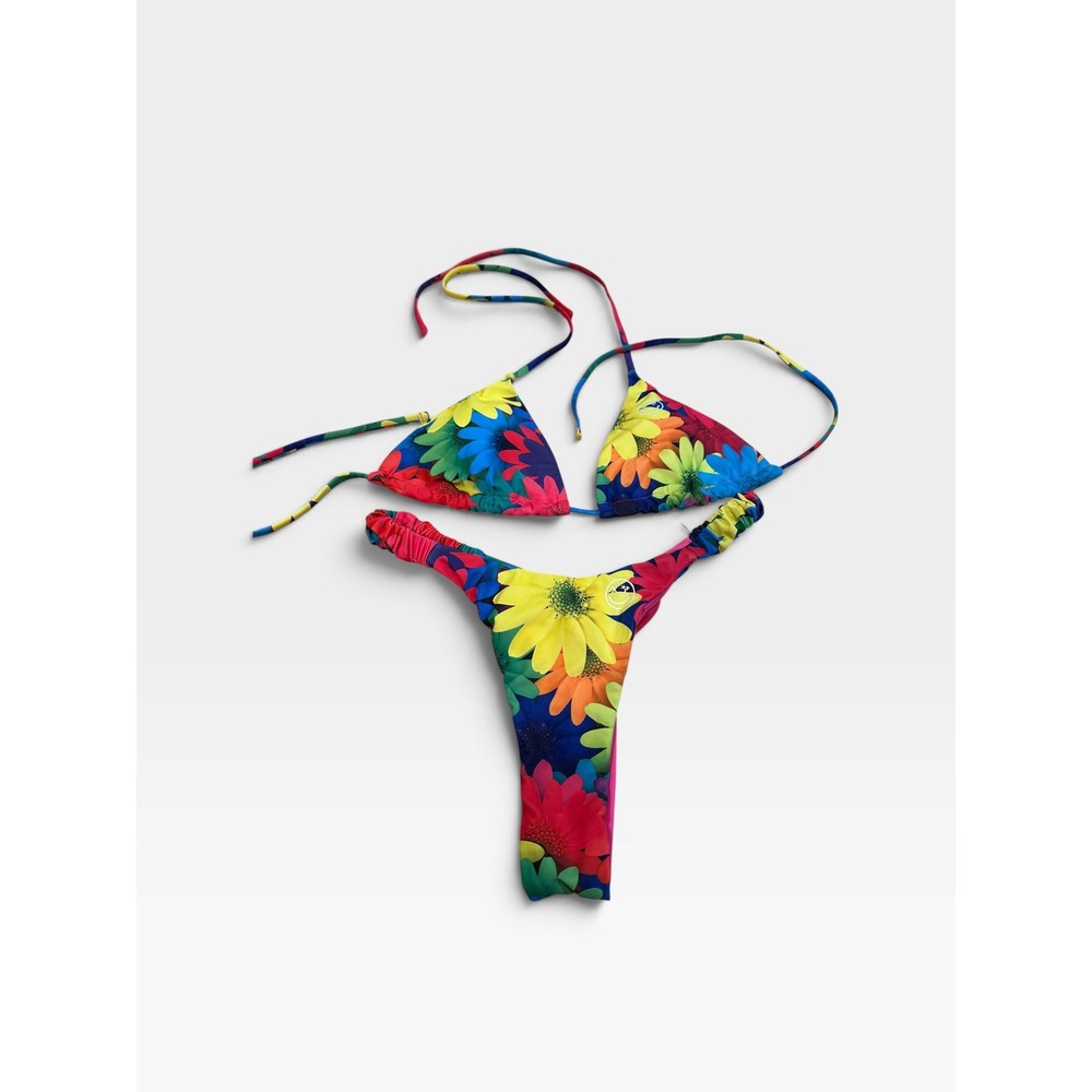 Salty Savage Floral Daisy Print Triangle Bikini Set Multi Color Women Medium